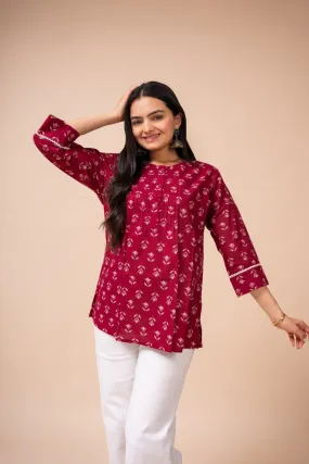 Ekisha's women dark pink floral modern printed cotton tunic top short kurti