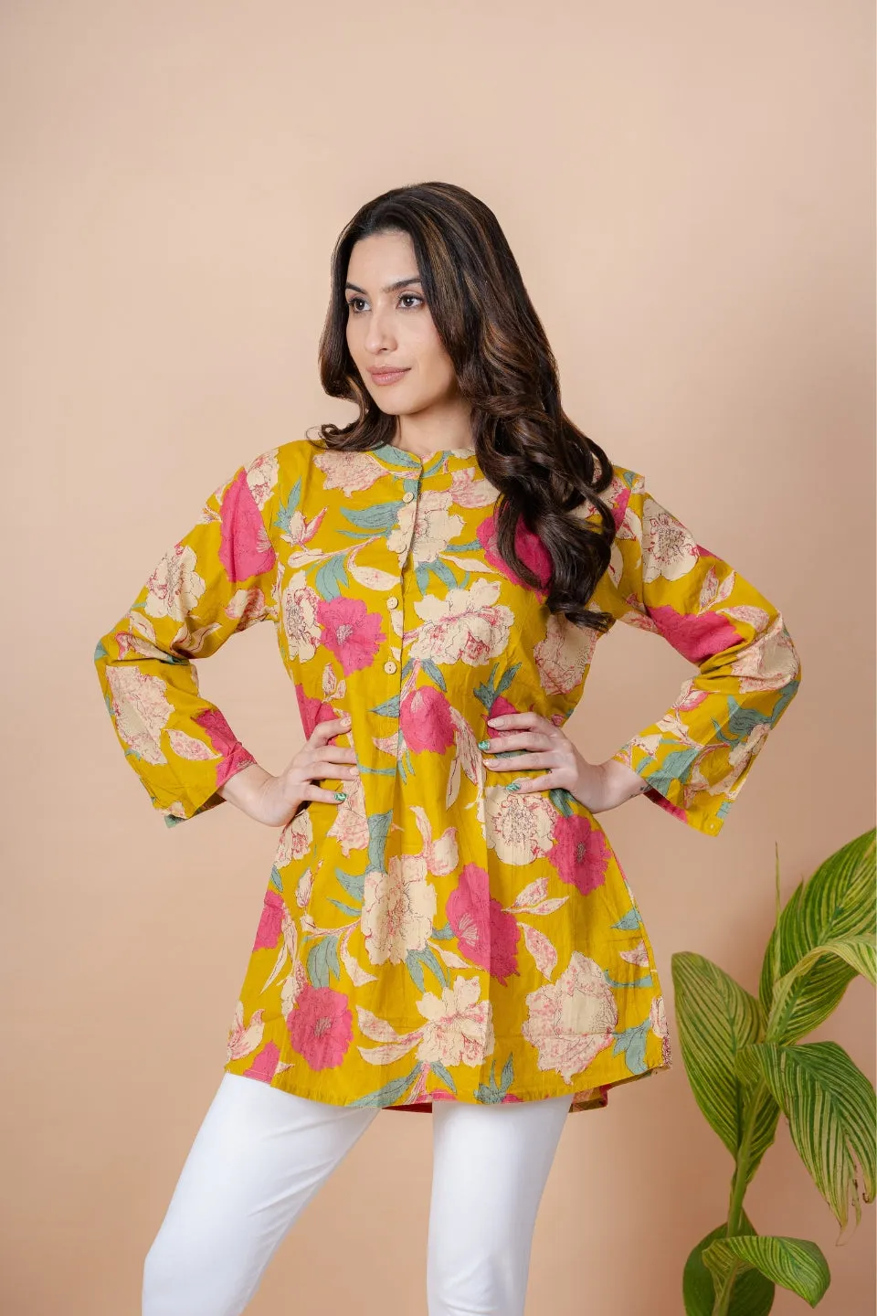 Ekisha's women mustard multicolor floral printed cotton tunic top short kurti