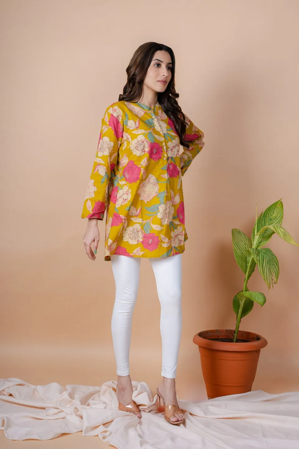 Ekisha's women mustard multicolor floral printed cotton tunic top short kurti