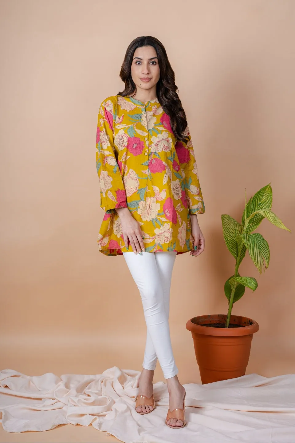 Ekisha's women mustard multicolor floral printed cotton tunic top short kurti