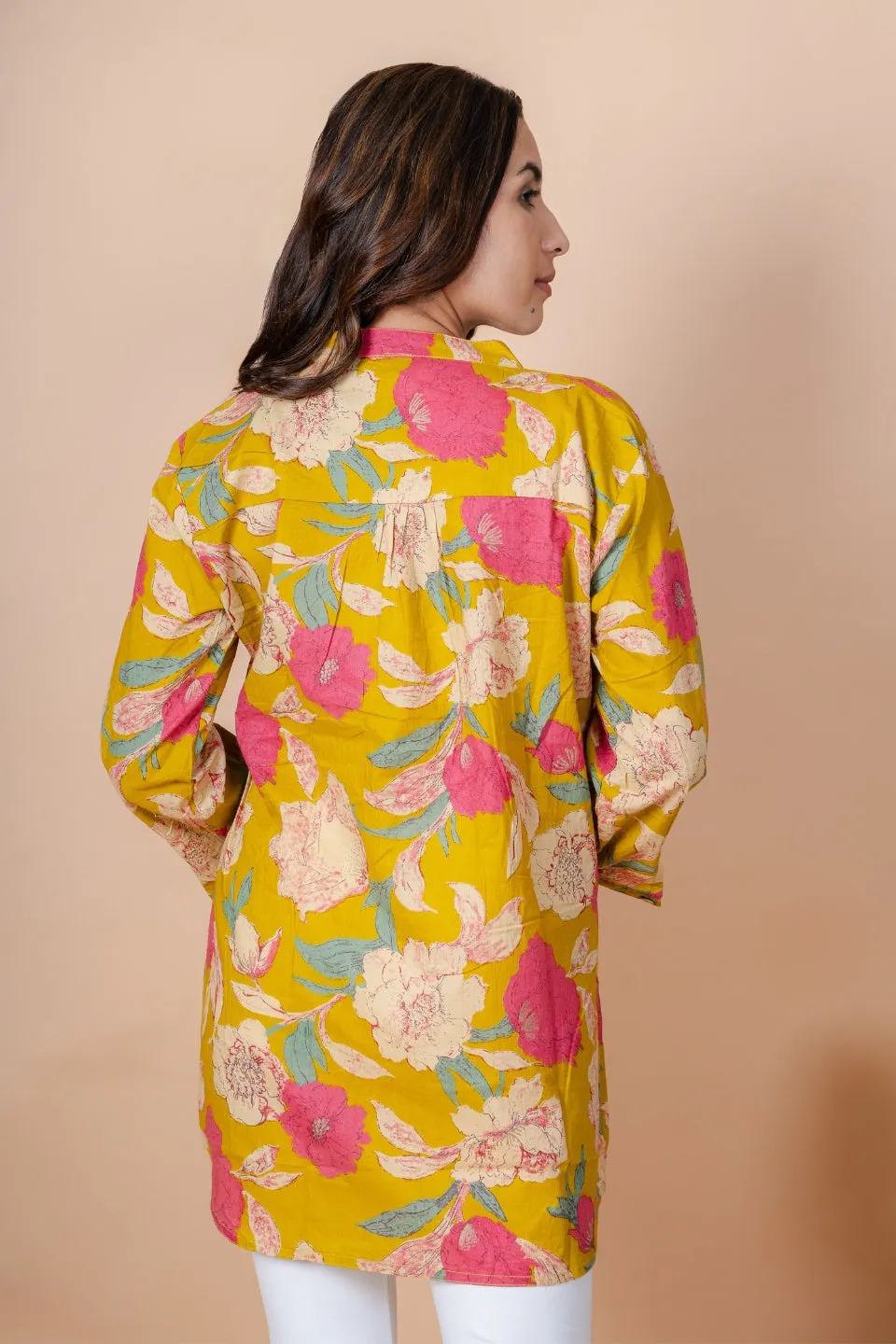 Ekisha's women mustard multicolor floral printed cotton tunic top short kurti