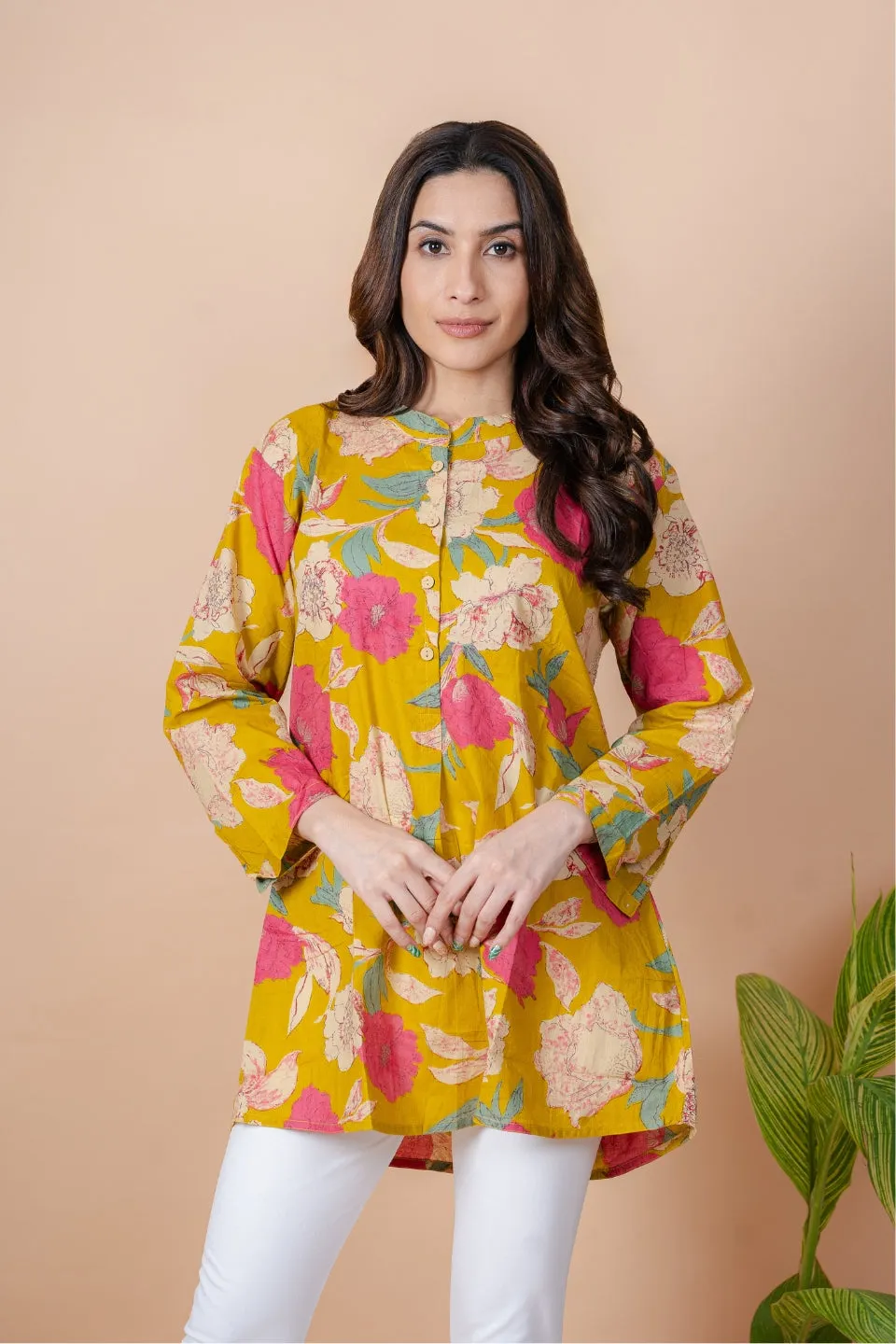 Ekisha's women mustard multicolor floral printed cotton tunic top short kurti