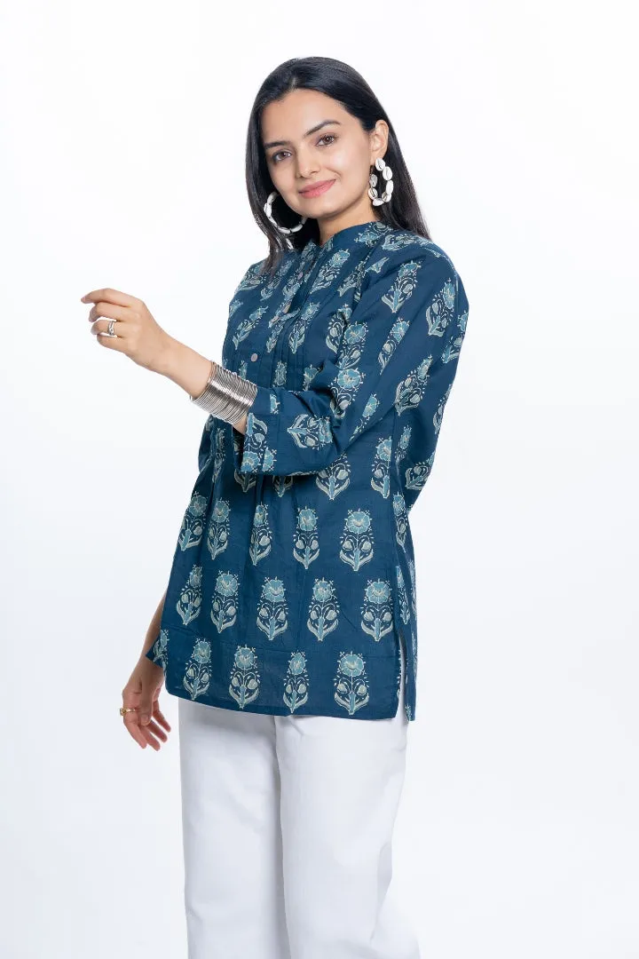 Ekisha's women pleated navy multicolor printed cotton tunic top short kurti