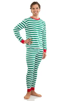 Elowel Adult Womens Mens Green And White  Christmas Fitted Striped Pajamas 100% Cotton