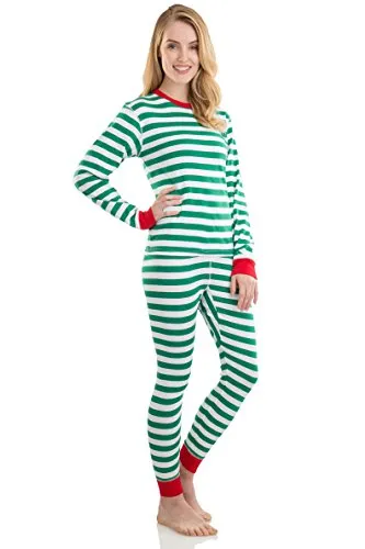 Elowel Adult Womens Mens Green And White  Christmas Fitted Striped Pajamas 100% Cotton