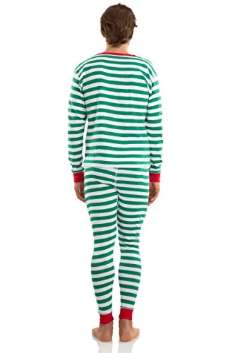 Elowel Adult Womens Mens Green And White  Christmas Fitted Striped Pajamas 100% Cotton