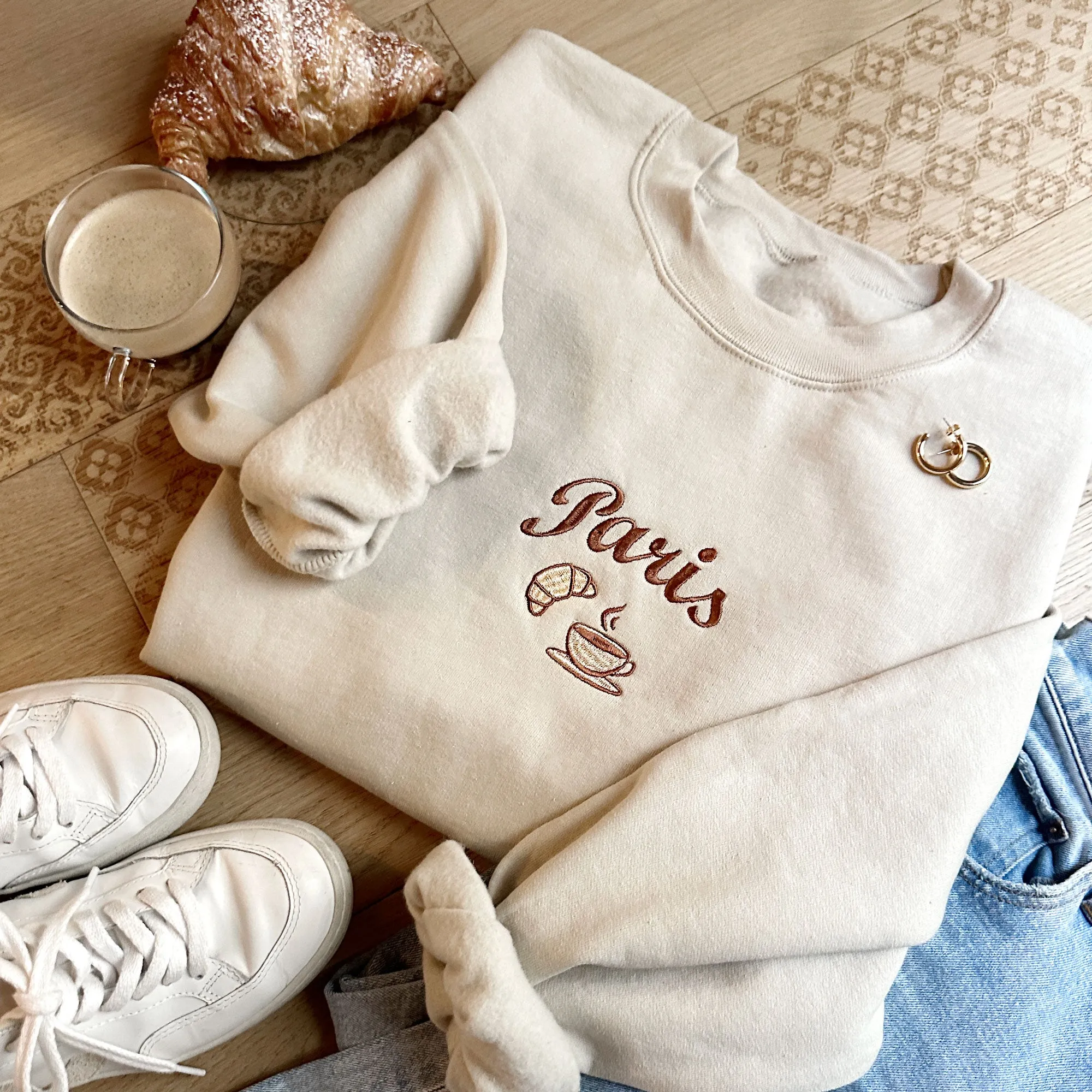 Embroidered Paris France Sweatshirt | French Croissant Sweatshirt