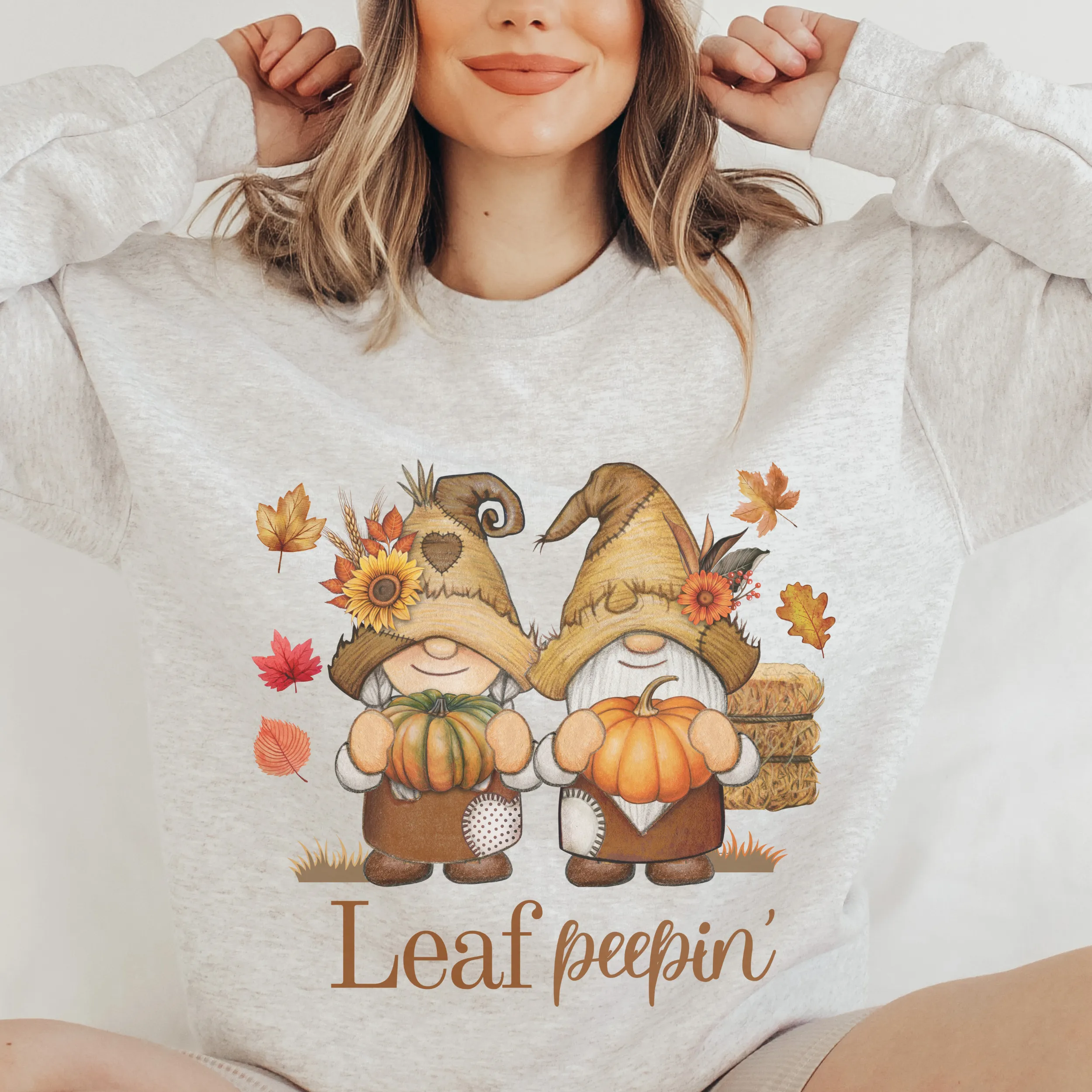 Fall Leaf Peepin' Gnomes Crewneck Sweatshirt Cute Warm and Cozy Gildan® Pullover Gnomes Autumn or Winter Shirt