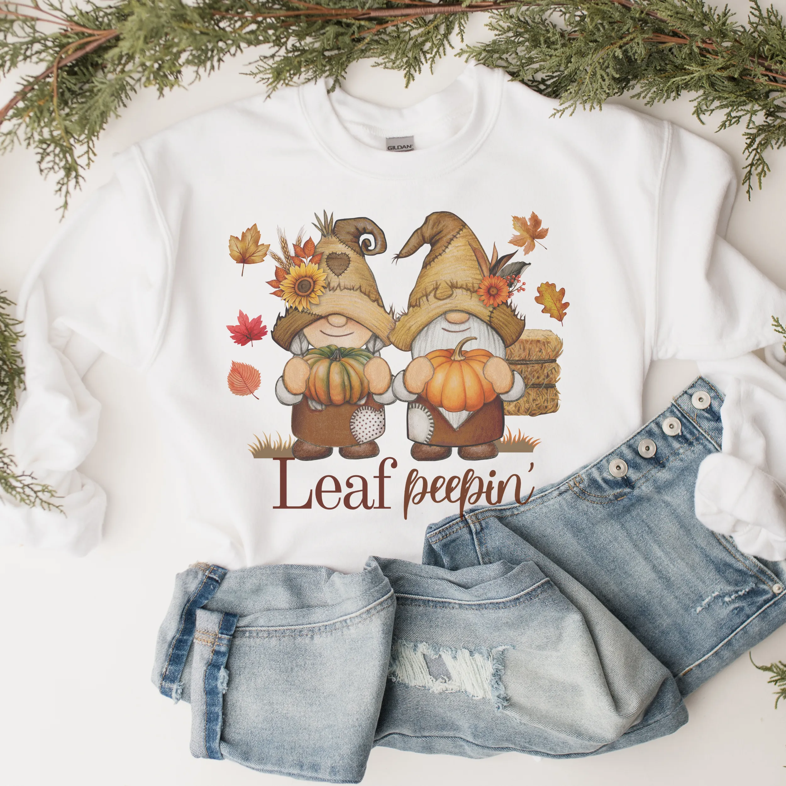 Fall Leaf Peepin' Gnomes Crewneck Sweatshirt Cute Warm and Cozy Gildan® Pullover Gnomes Autumn or Winter Shirt