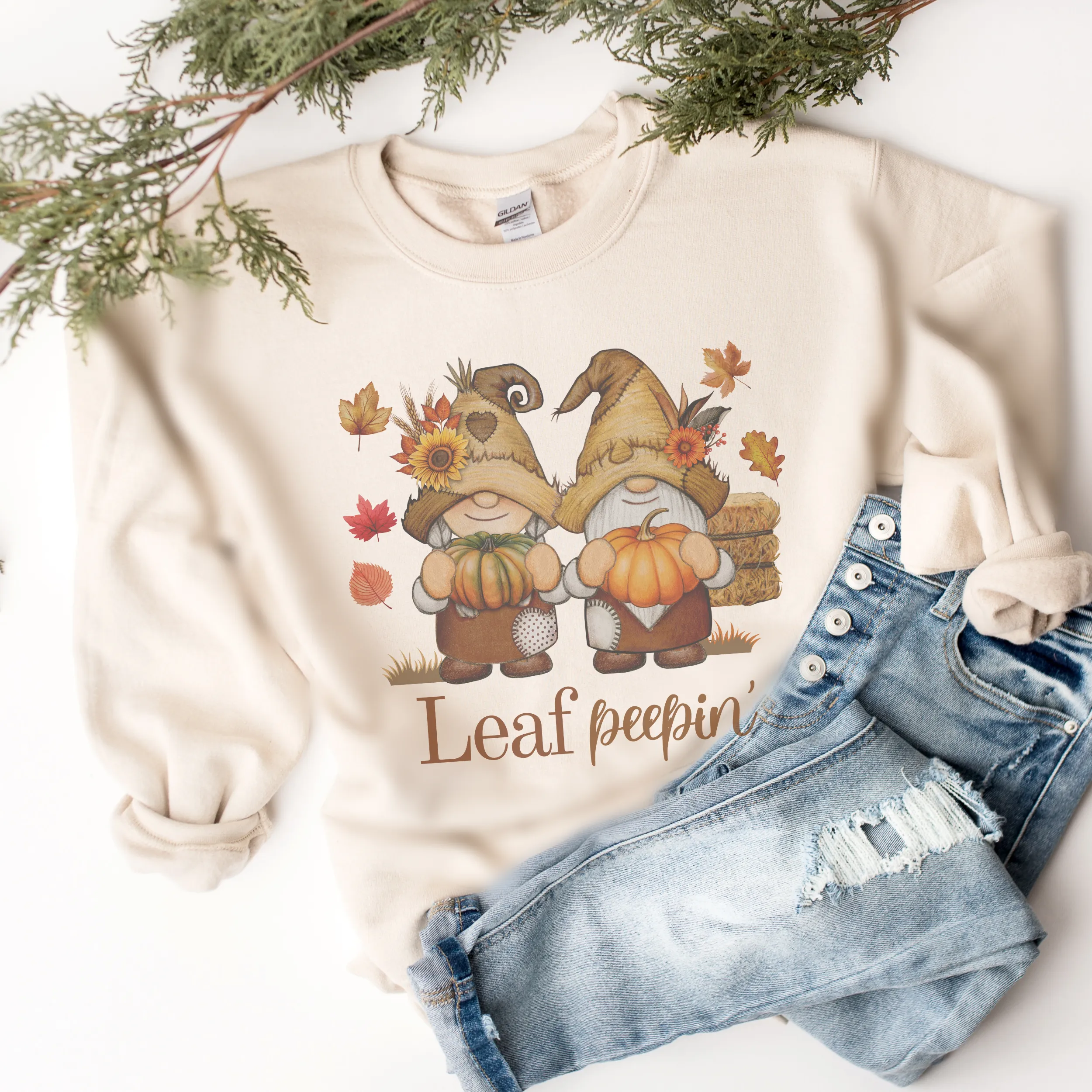 Fall Leaf Peepin' Gnomes Crewneck Sweatshirt Cute Warm and Cozy Gildan® Pullover Gnomes Autumn or Winter Shirt