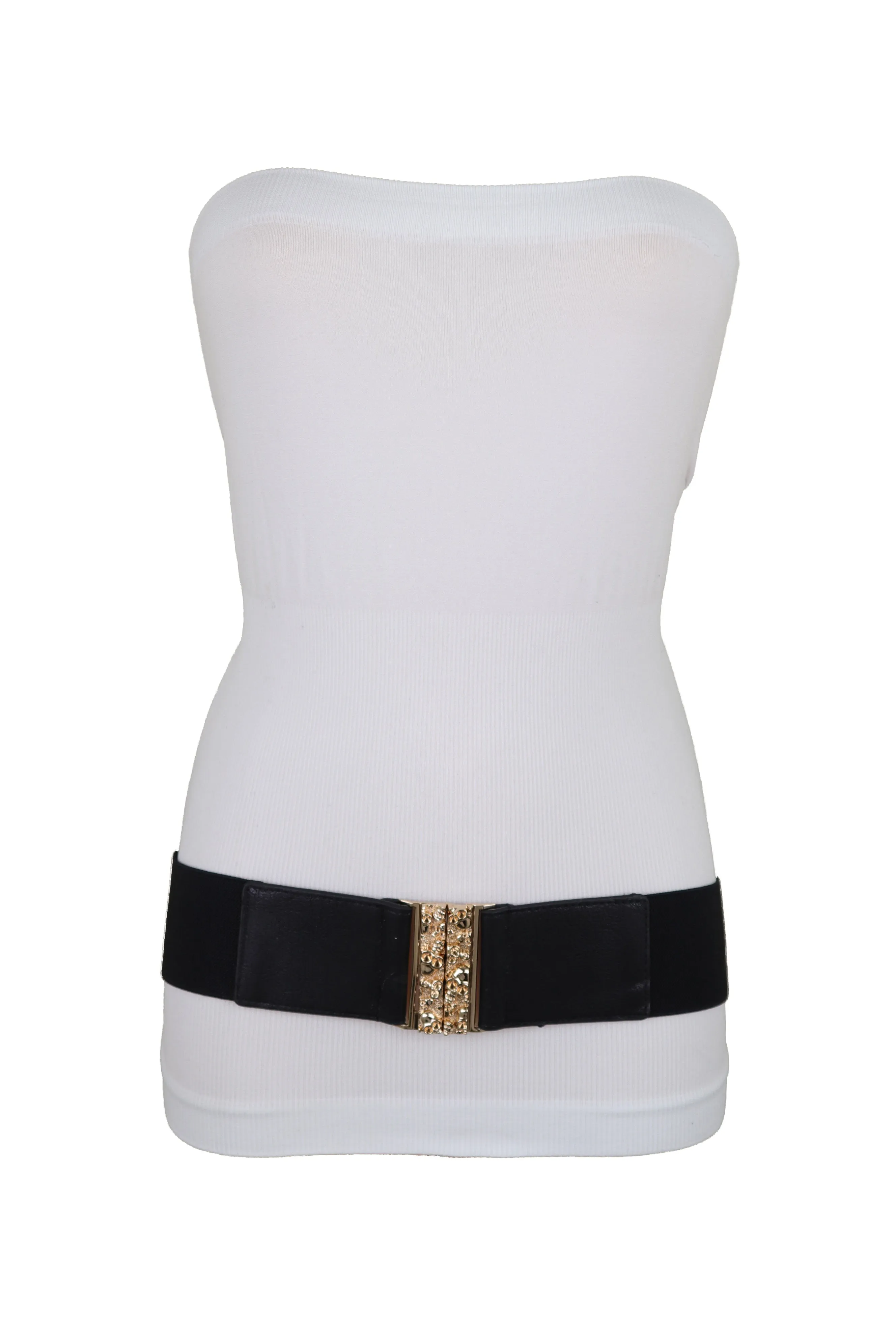 Fashion Black Elastic Waistband Fashion Belt Gold Metal Skulls Buckle Fit Size S M