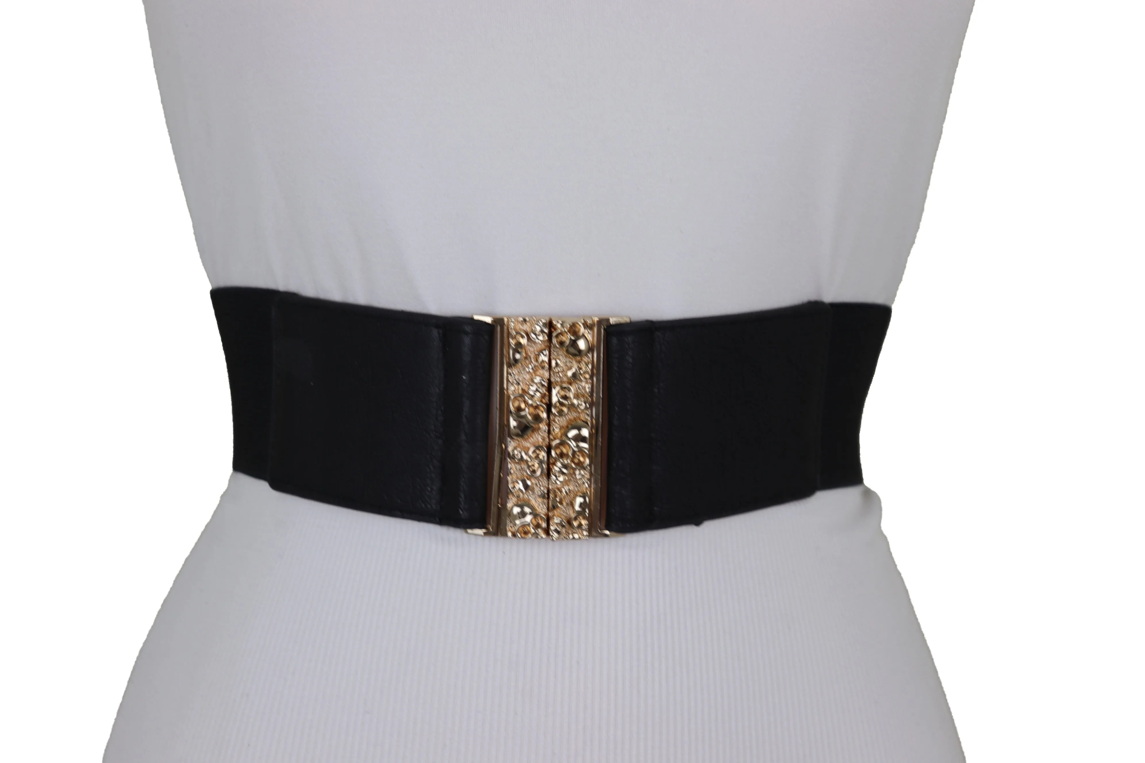 Fashion Black Elastic Waistband Fashion Belt Gold Metal Skulls Buckle Fit Size S M