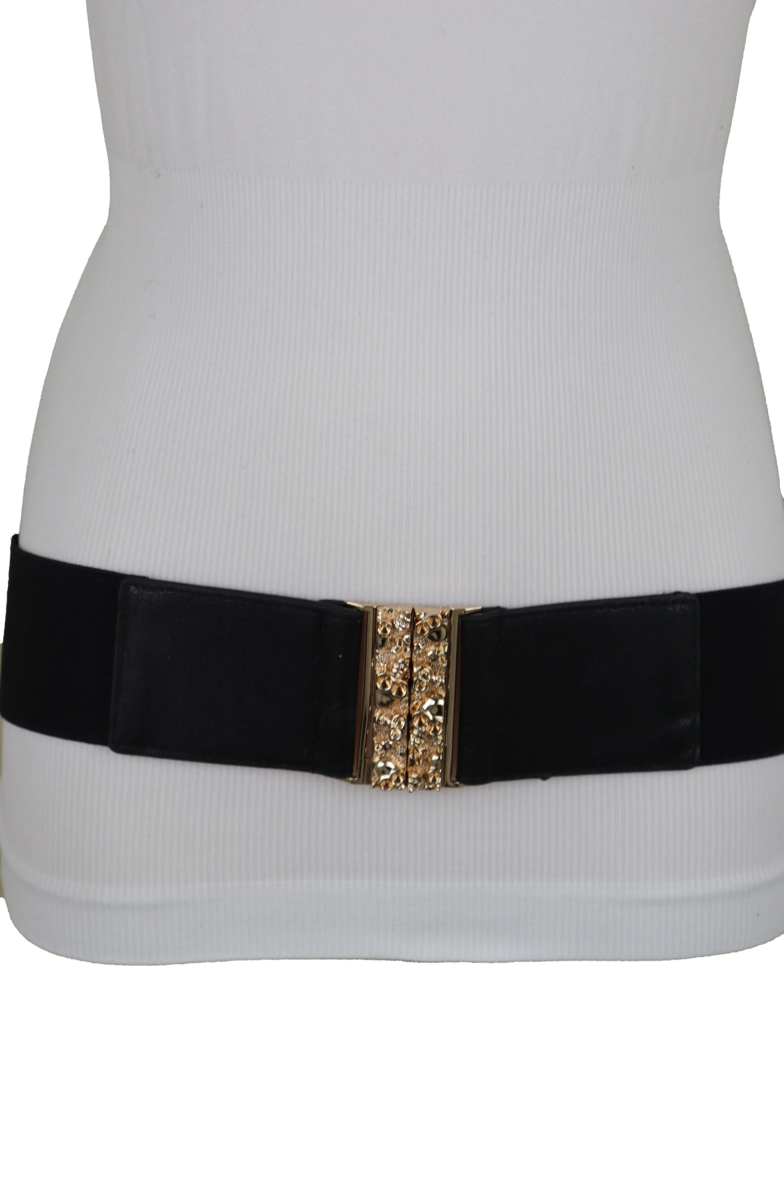 Fashion Black Elastic Waistband Fashion Belt Gold Metal Skulls Buckle Fit Size S M