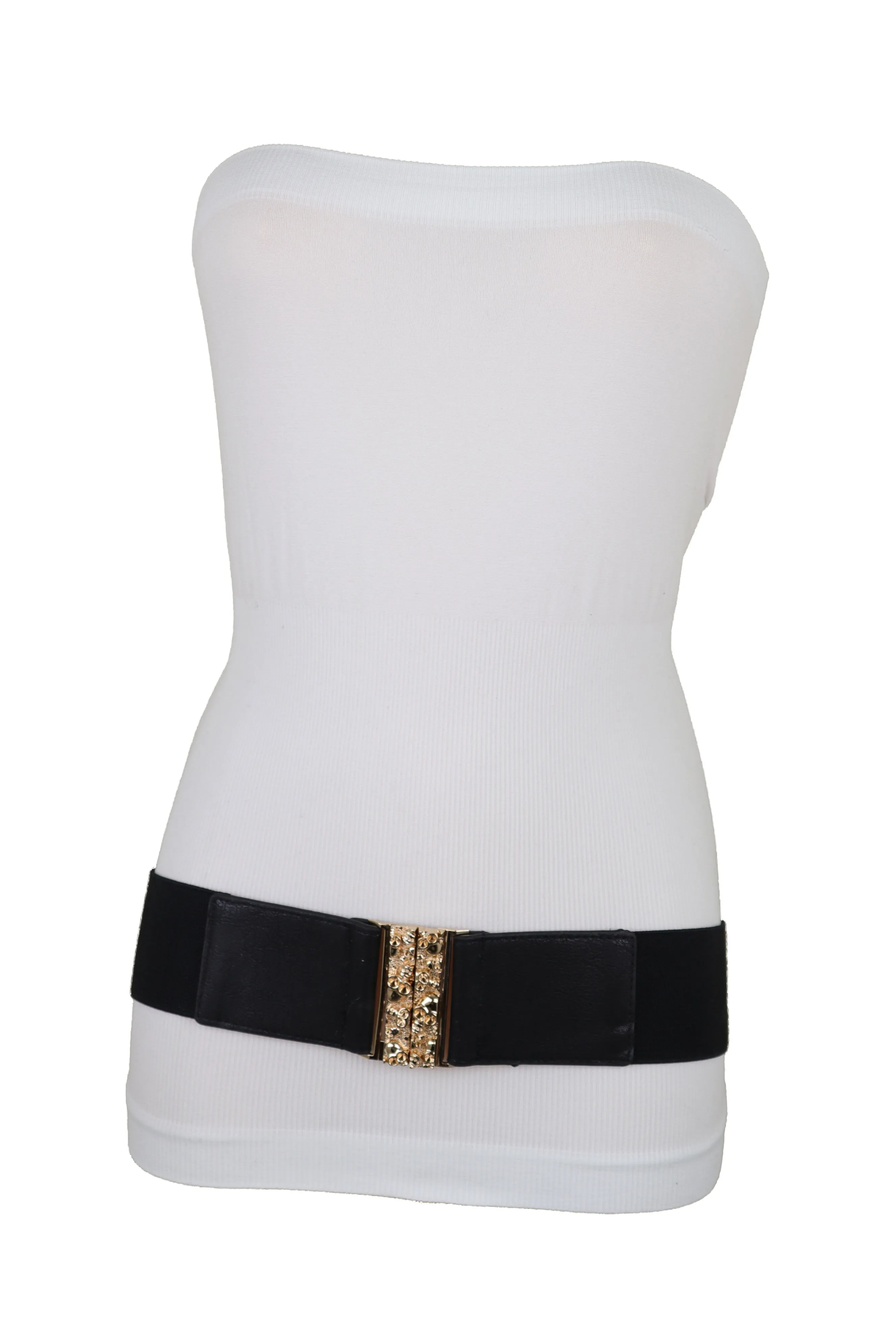 Fashion Black Elastic Waistband Fashion Belt Gold Metal Skulls Buckle Fit Size S M