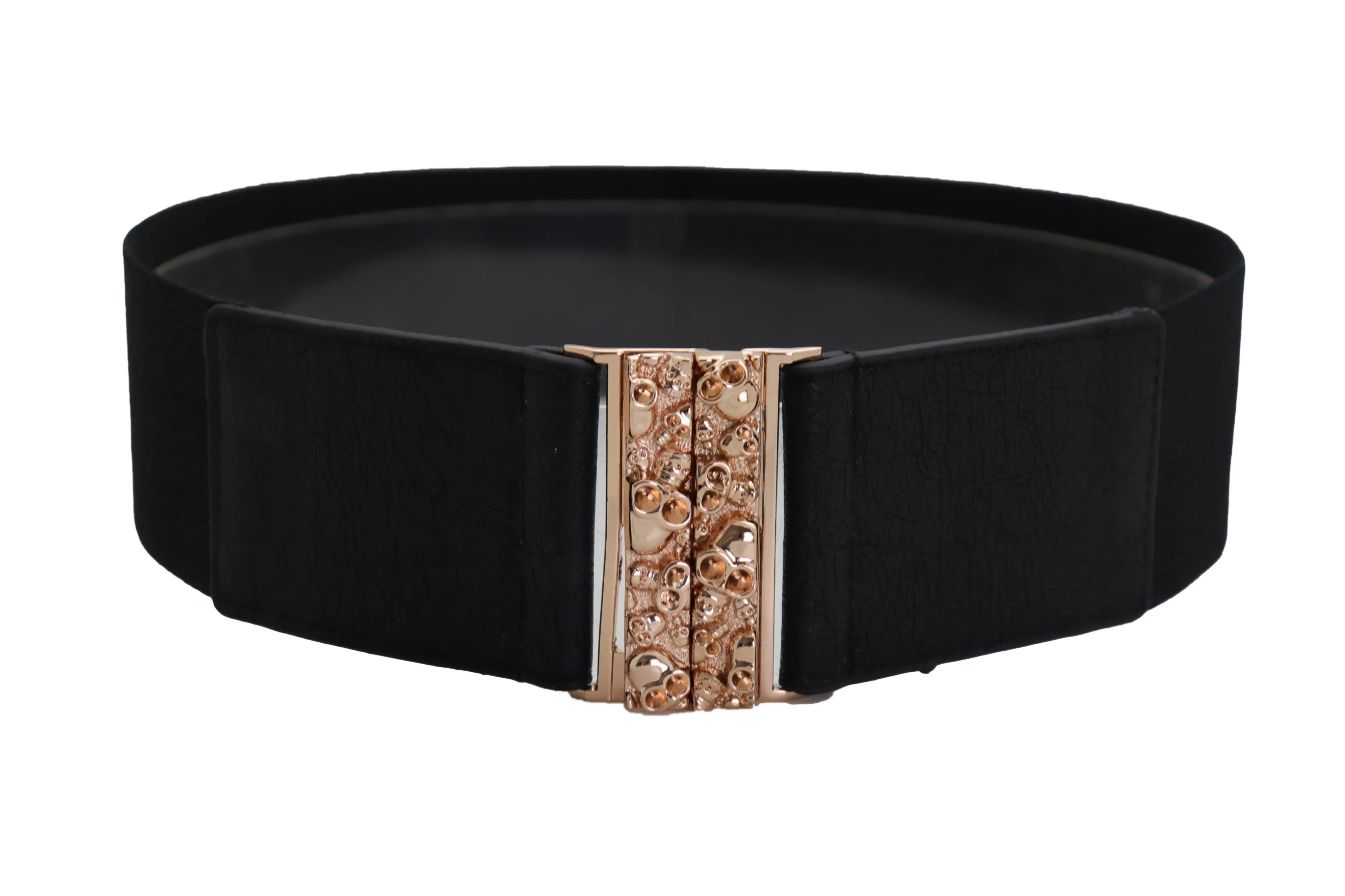 Fashion Black Elastic Waistband Fashion Belt Gold Metal Skulls Buckle Fit Size S M