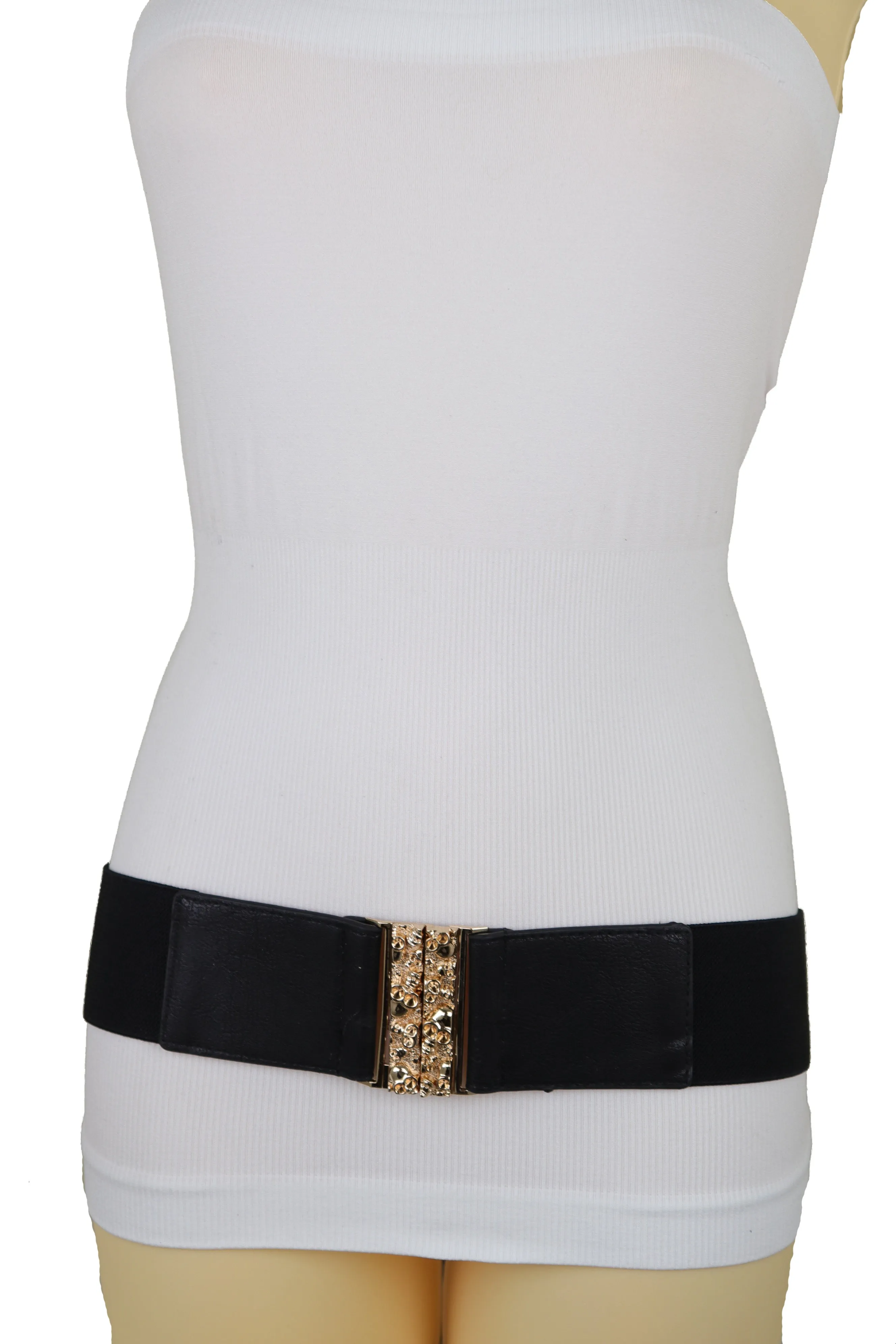 Fashion Black Elastic Waistband Fashion Belt Gold Metal Skulls Buckle Fit Size S M