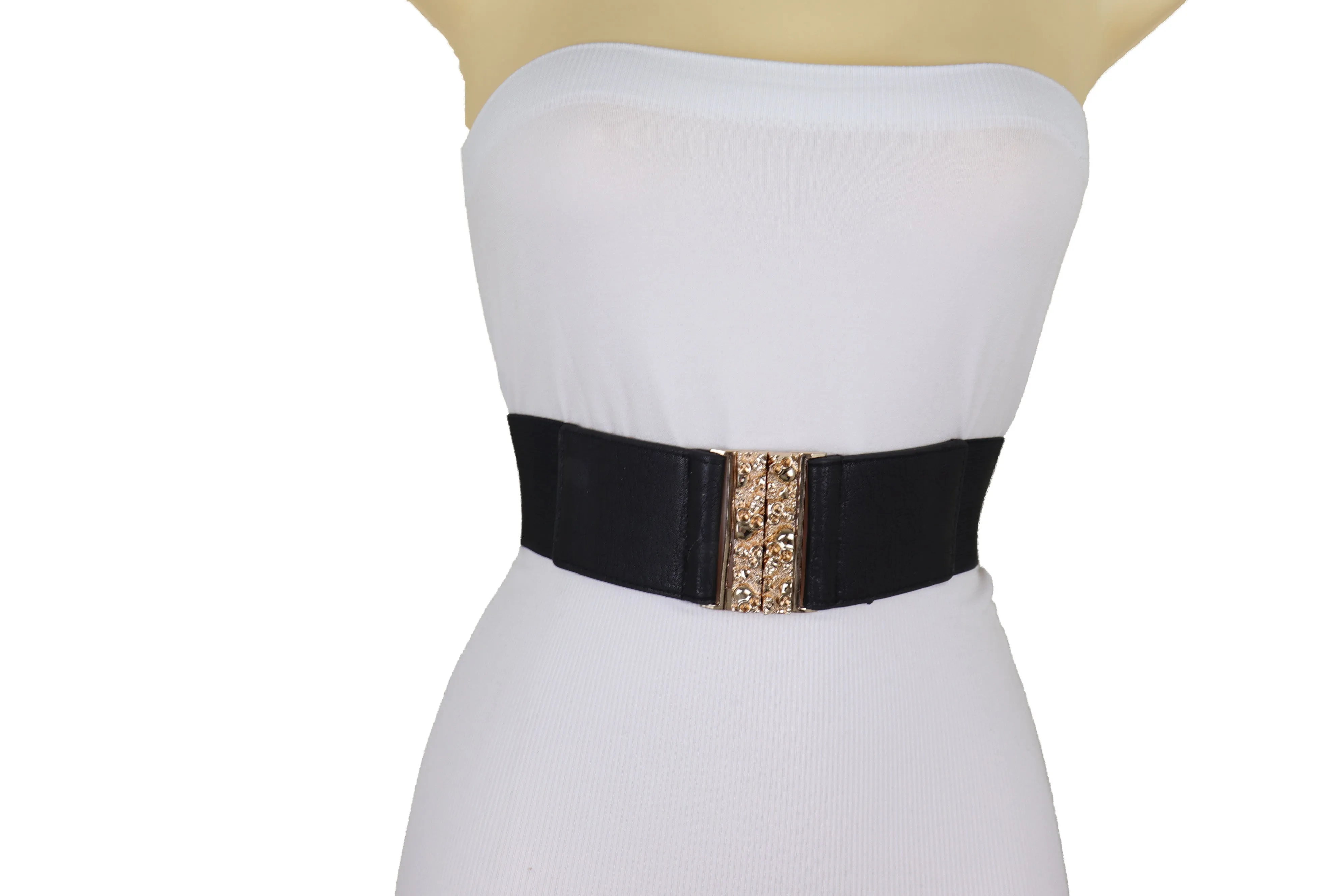 Fashion Black Elastic Waistband Fashion Belt Gold Metal Skulls Buckle Fit Size S M