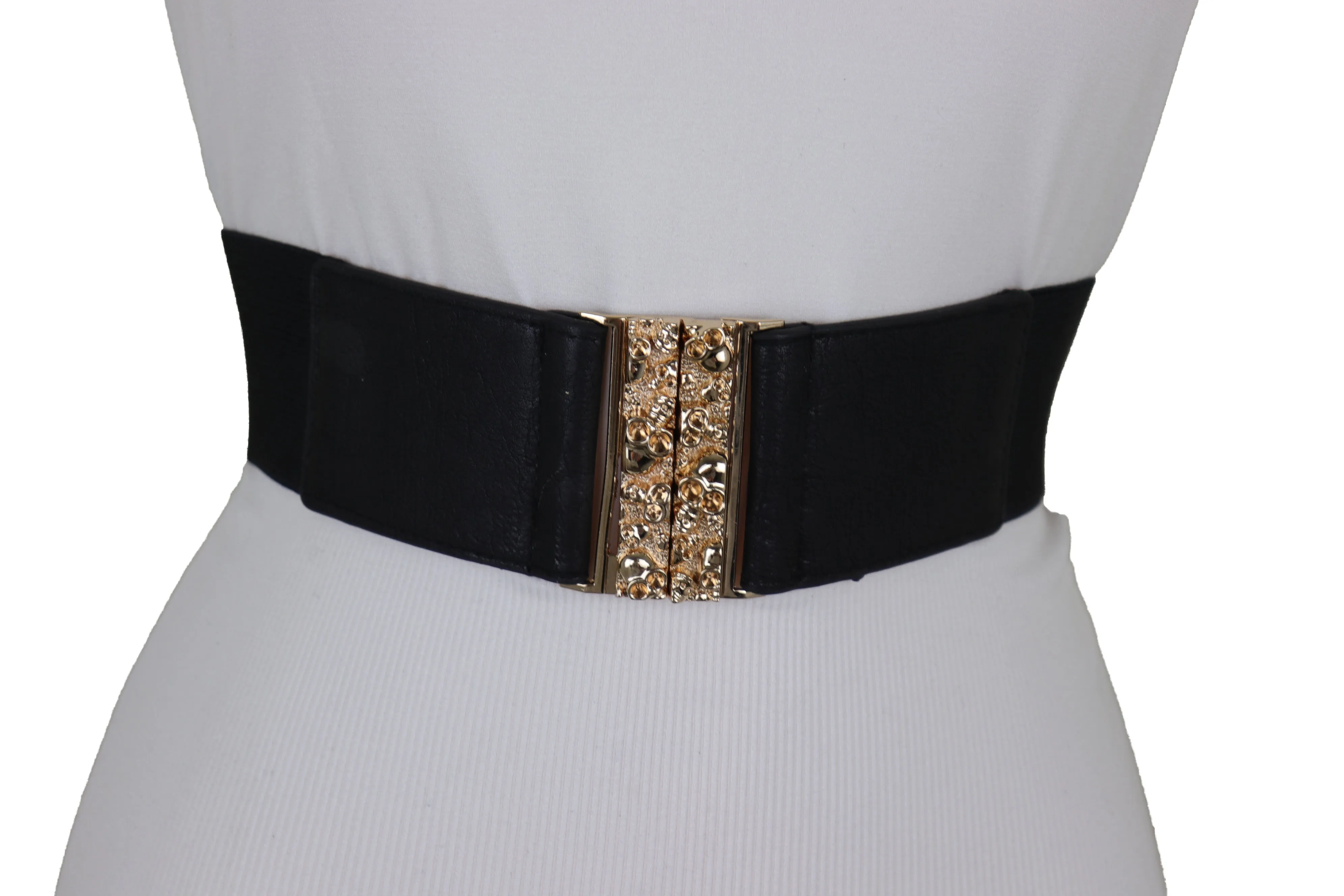 Fashion Black Elastic Waistband Fashion Belt Gold Metal Skulls Buckle Fit Size S M