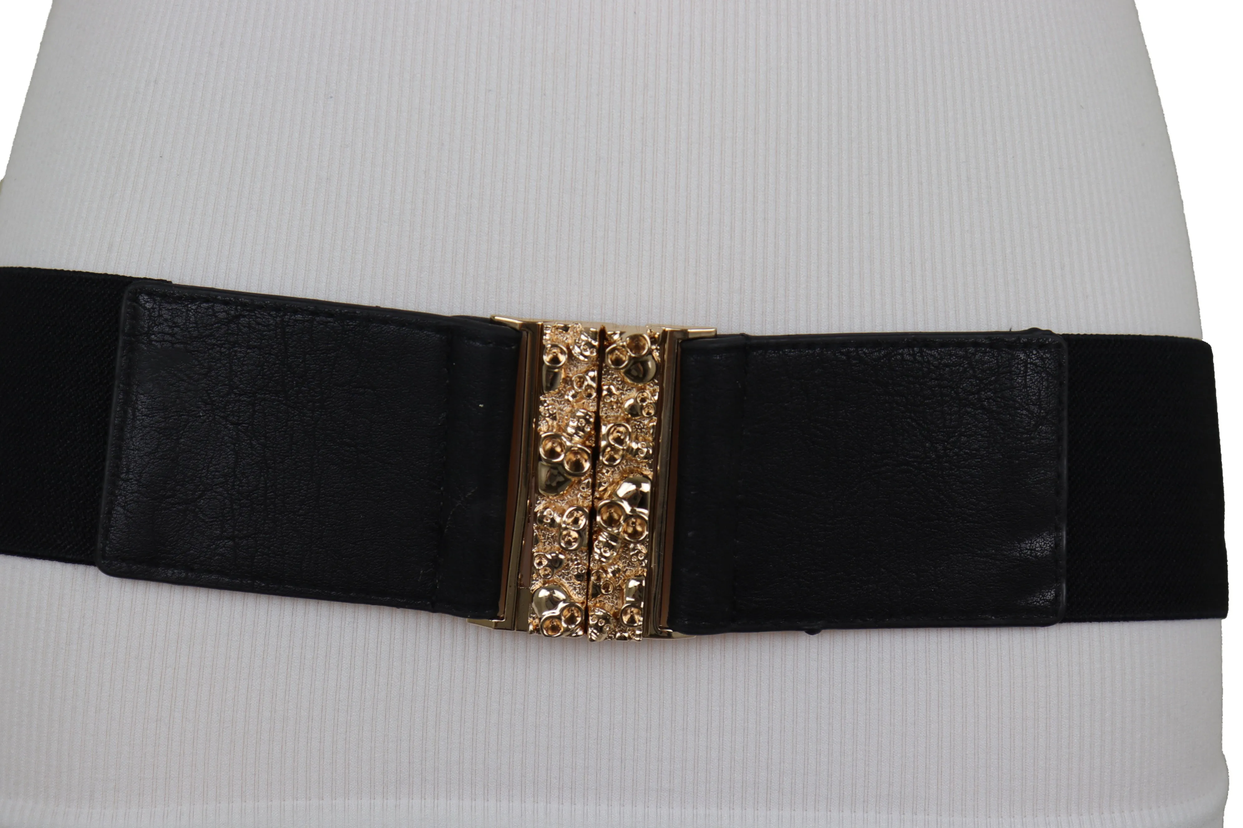 Fashion Black Elastic Waistband Fashion Belt Gold Metal Skulls Buckle Fit Size S M