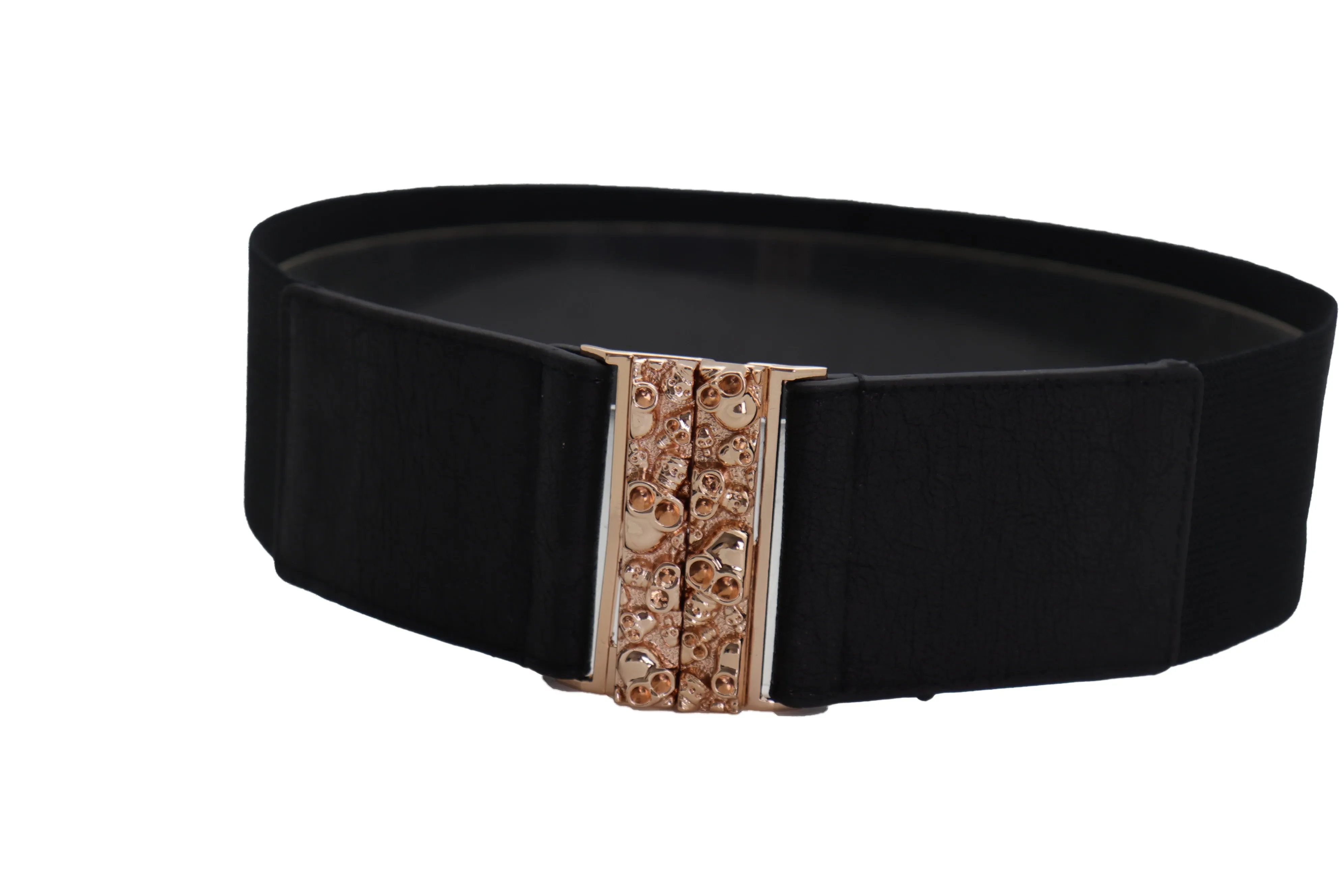 Fashion Black Elastic Waistband Fashion Belt Gold Metal Skulls Buckle Fit Size S M