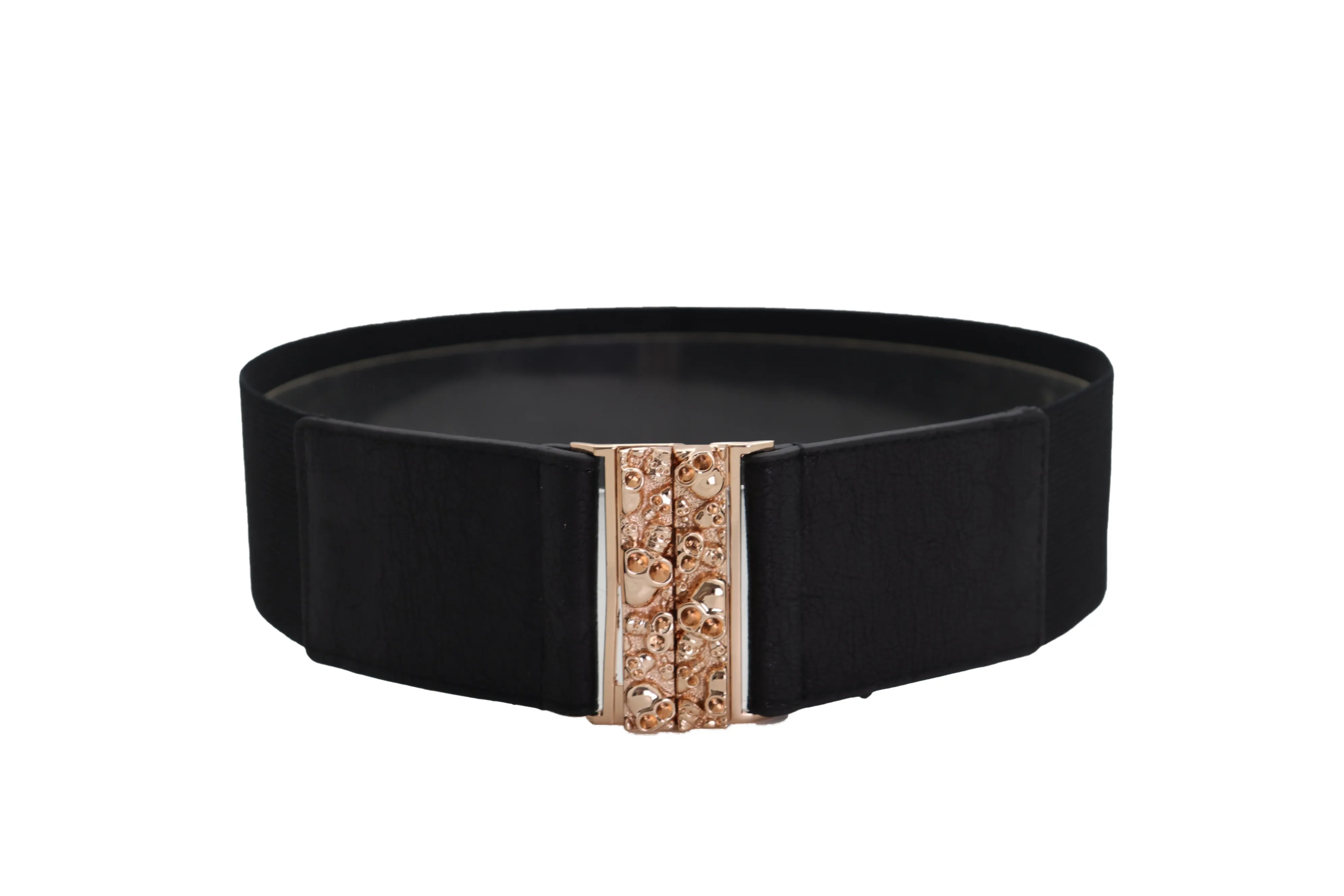 Fashion Black Elastic Waistband Fashion Belt Gold Metal Skulls Buckle Fit Size S M