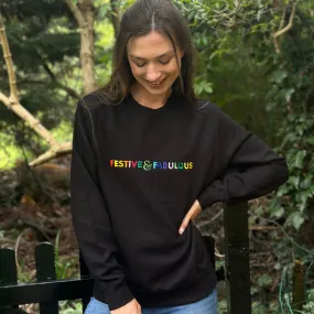 Festive & Fabulous Rainbow Embroidered Christmas Sweatshirt in Black