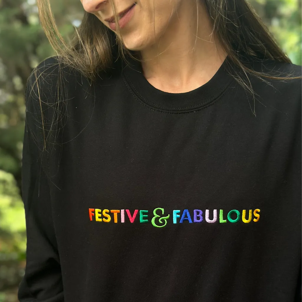 Festive & Fabulous Rainbow Embroidered Christmas Sweatshirt in Black