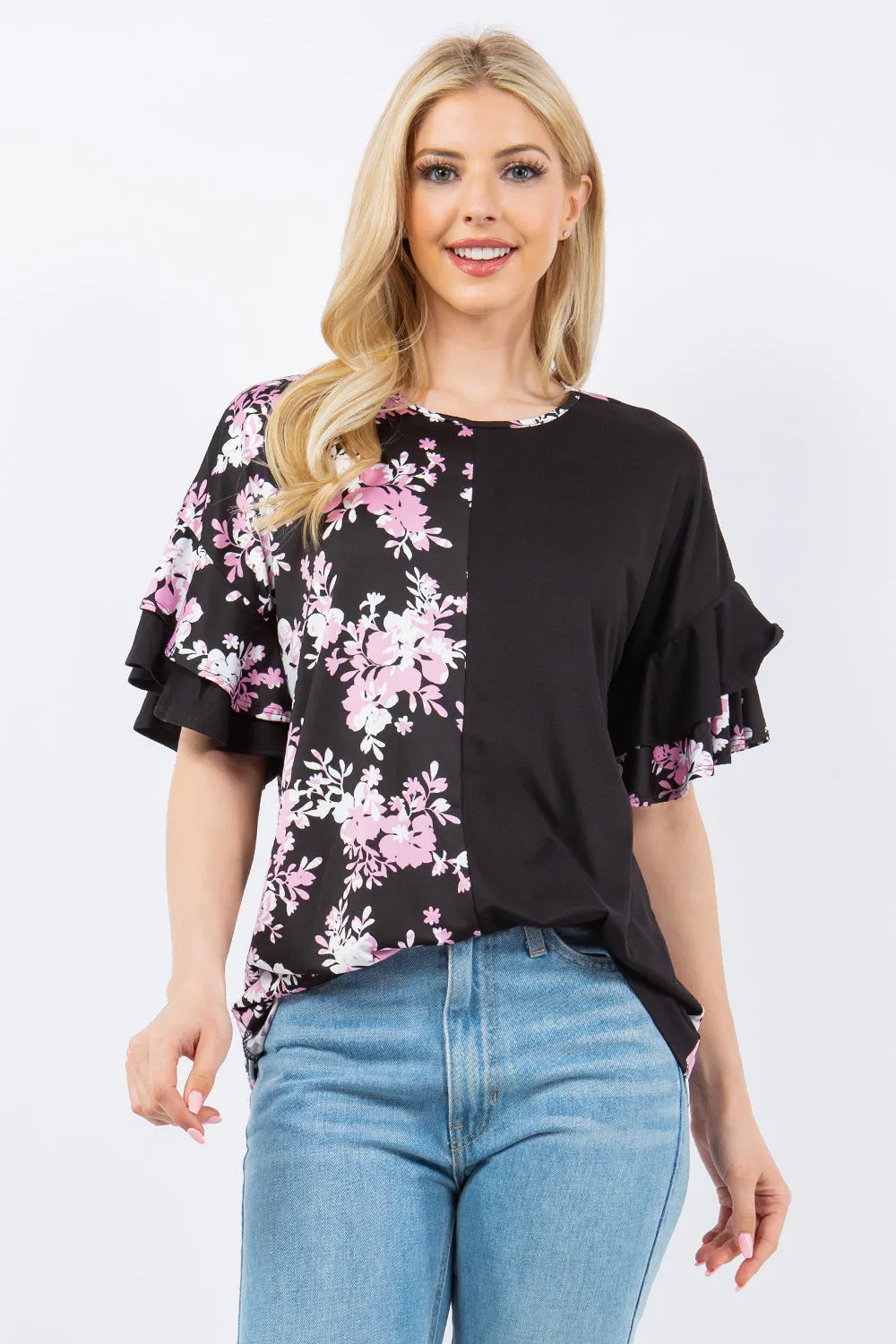 Floral Contrast Double Layer Ruffle Sleeve Top - Black