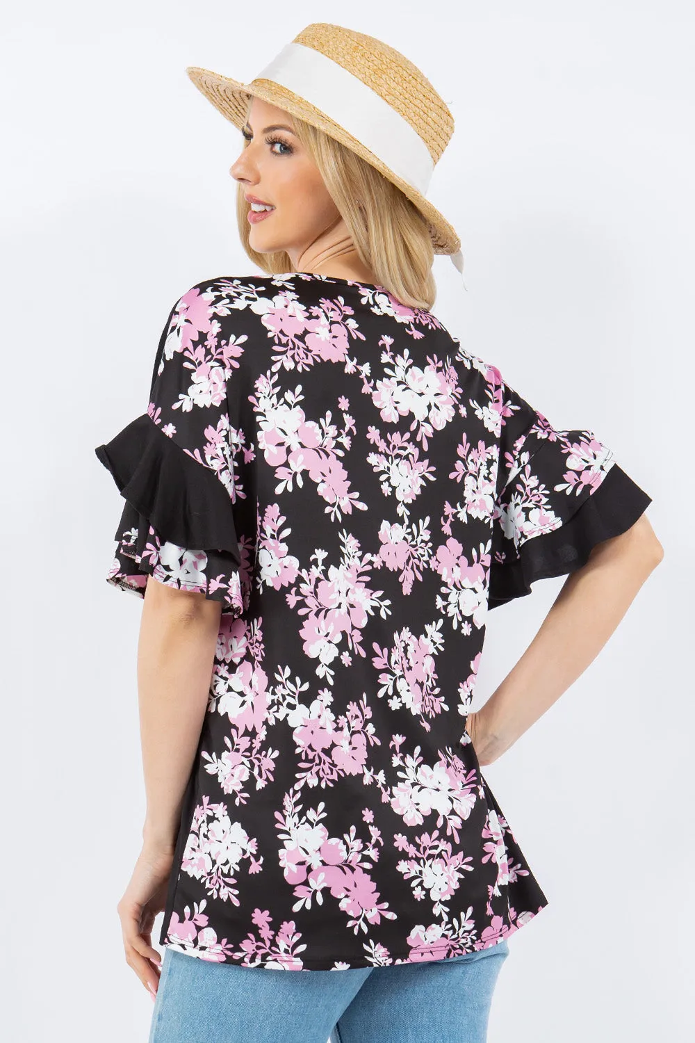 Floral Contrast Double Layer Ruffle Sleeve Top - Black