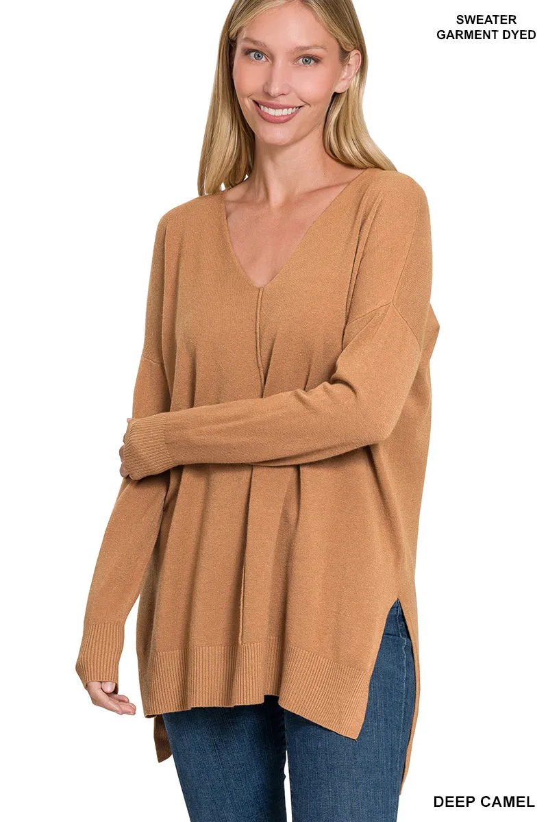 Front Seam V-Neck Sweater by Zenana