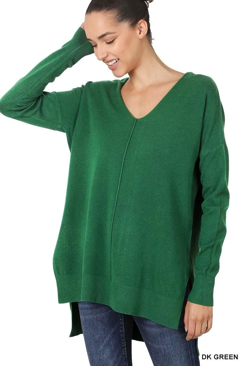 Front Seam V-Neck Sweater by Zenana