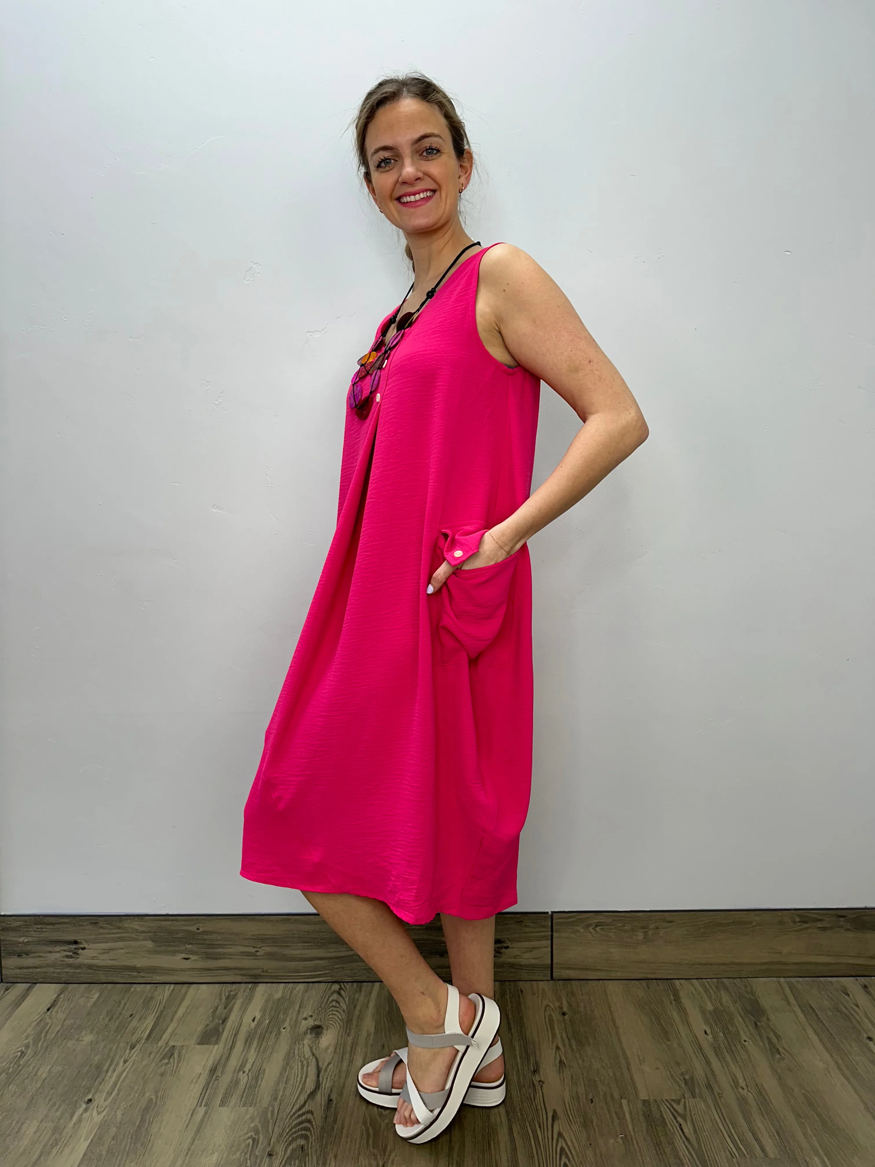 Fuchsia Sleeveless Dress with Pocket