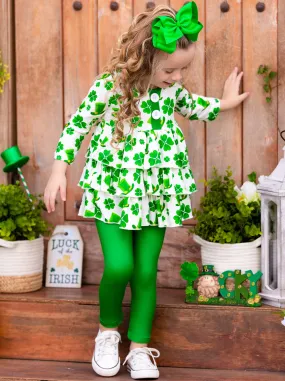 Girls Four-Leaf Clover Print Tiered Ruffled Tunic And Legging Set