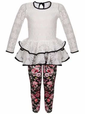 Girls Lace Tiered Peplum Long Sleeve Tunic And Printed Legging Set