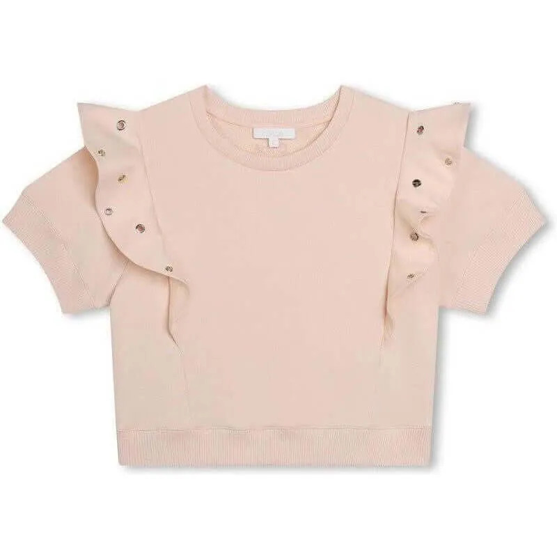 Girls Peach Eyelet Ruffle Sweatshirt