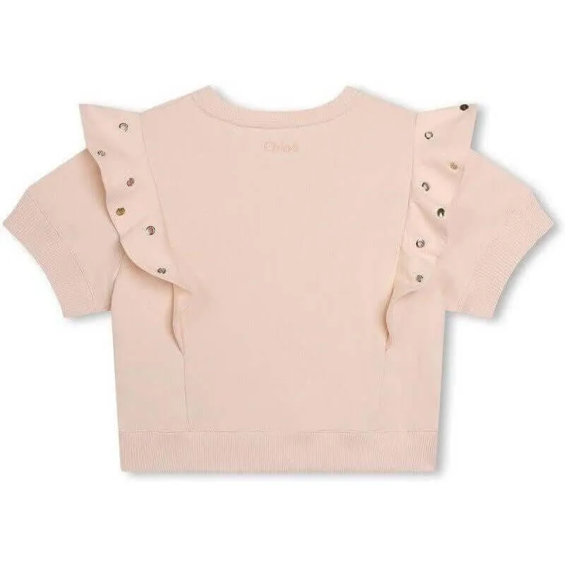 Girls Peach Eyelet Ruffle Sweatshirt