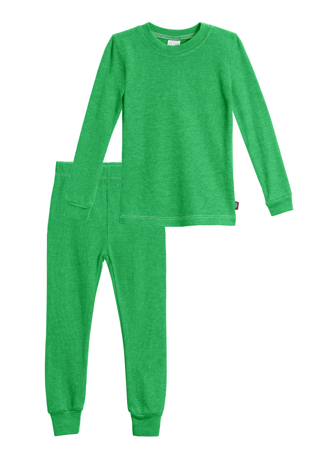 Girls Soft & Cozy Thermal 2-Piece Long Johns | Elf Green w- Light Pink Stitch