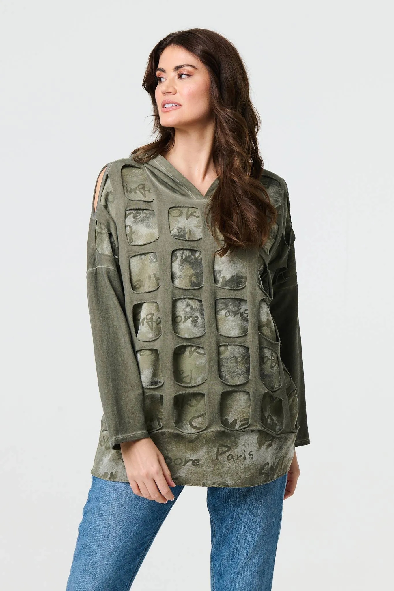 Graphic Print Cut Out Layer Hoodie