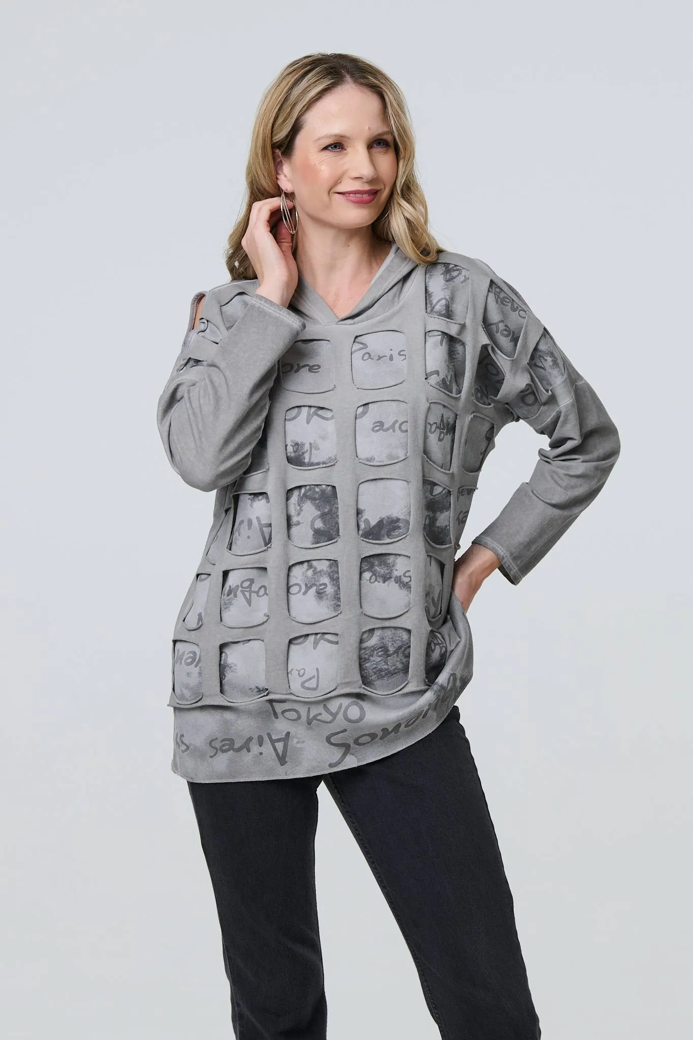 Graphic Print Cut Out Layer Hoodie