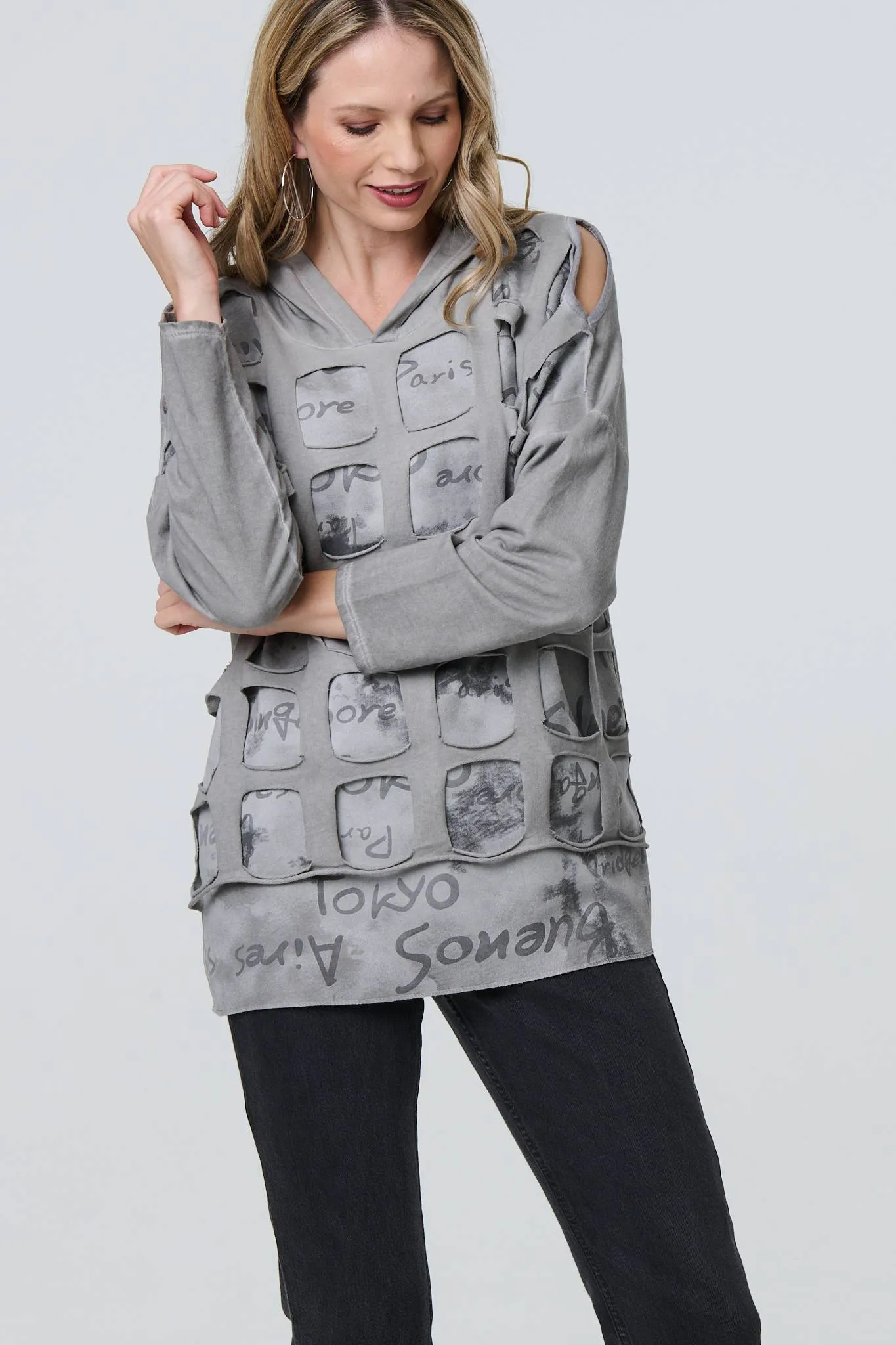 Graphic Print Cut Out Layer Hoodie