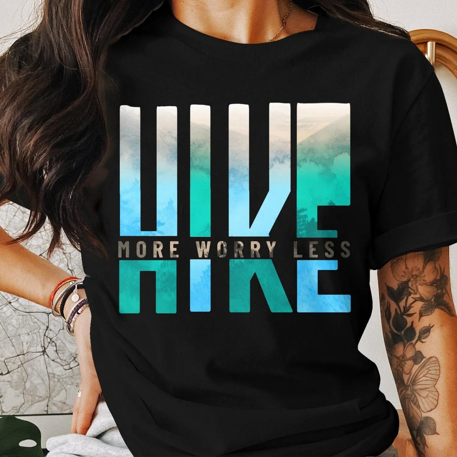 Inspirational Hiking T-Shirt, Hike More Worry Less Graphic Tee, Outdoor Adventure, Unisex Mountain Hiker Shirt