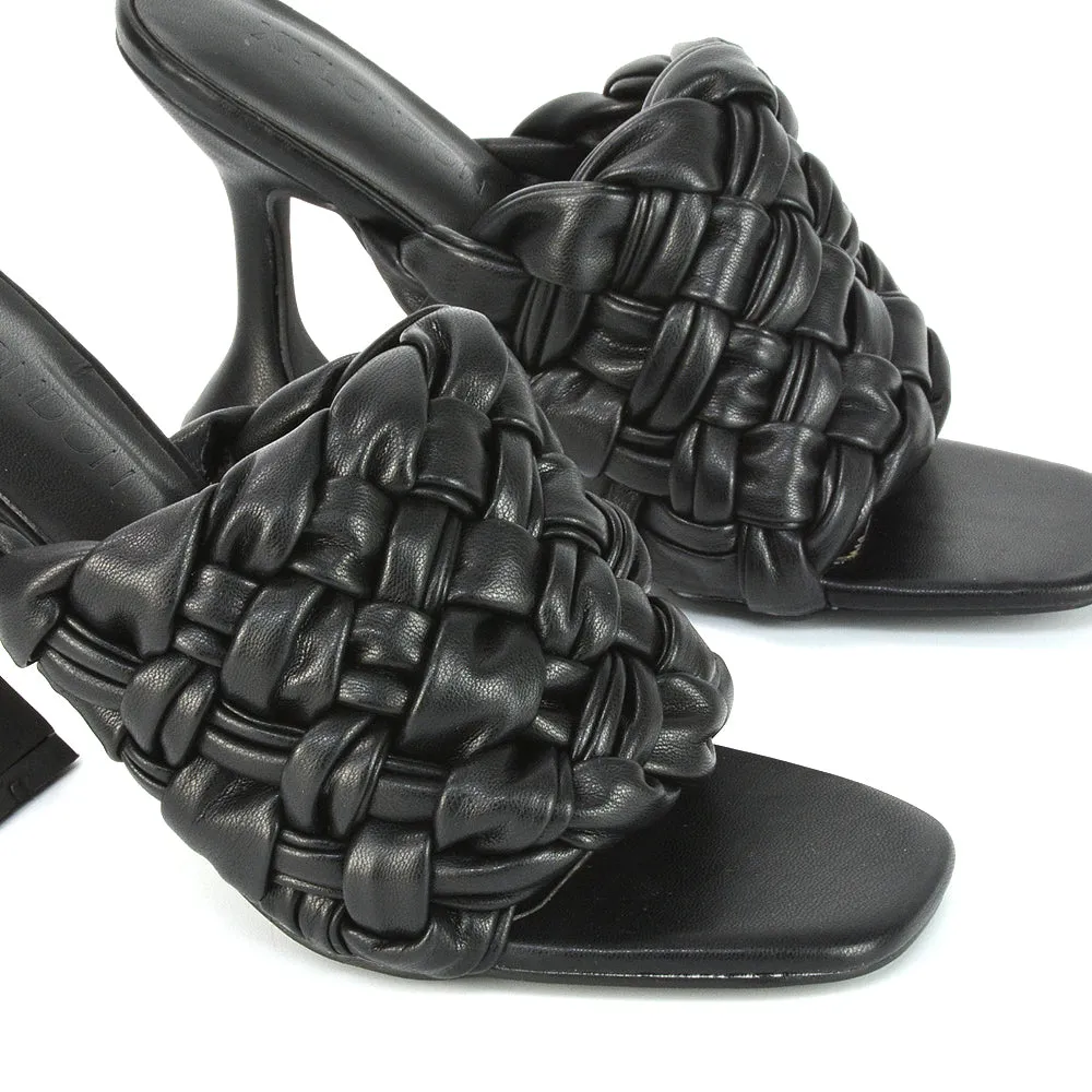 Jaci Woven Sandal Strap Square Toe Sculptured Flared Low mid High Heel Mules in Black Synthetic Leather