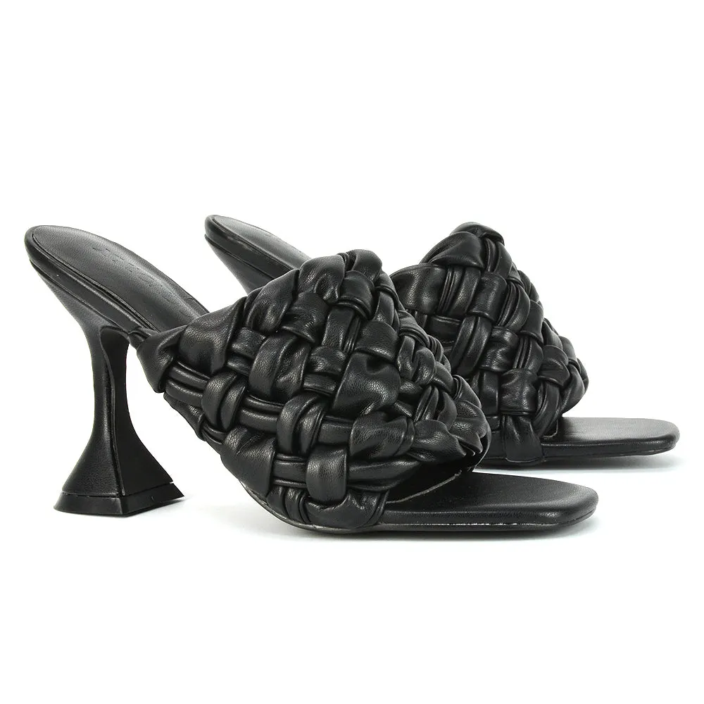 Jaci Woven Sandal Strap Square Toe Sculptured Flared Low mid High Heel Mules in Black Synthetic Leather