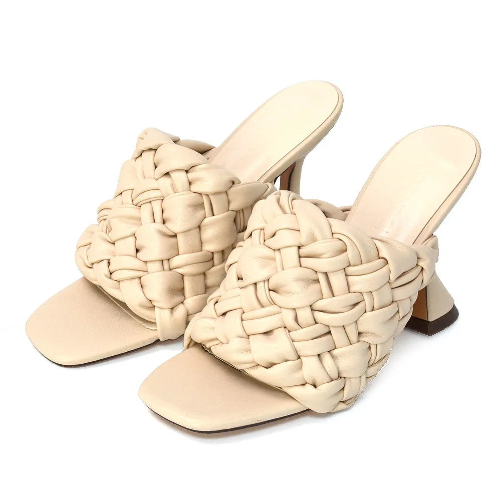 Jaci Woven Sandal Strap Square Toe Sculptured Flared Low mid High Heel Mules in Black Synthetic Leather