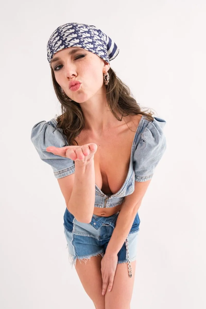 Jordi Puff Sleeve Bustier Zip Up Denim Sweetheart Crop Top