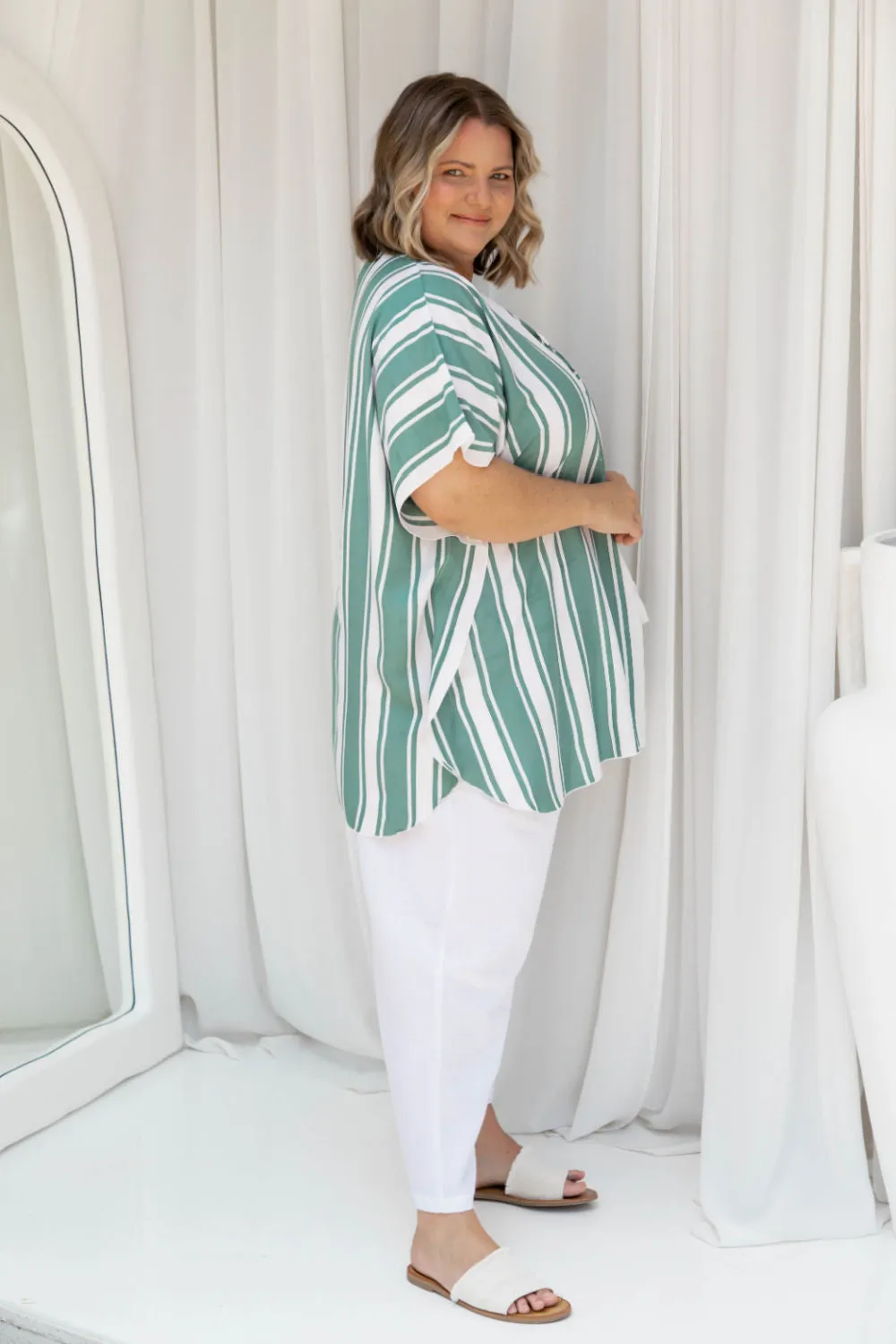 Kaftan Top - Sage Green and White Stripe