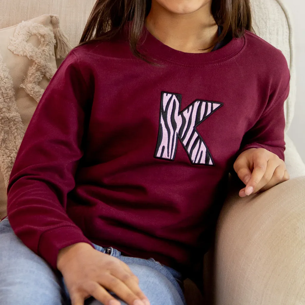 Kids Personalised Embroidered Animal Print Initial Burgundy Sweatshirt