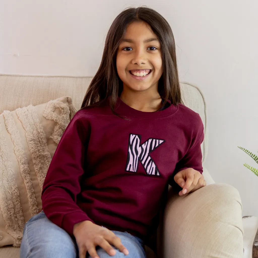 Kids Personalised Embroidered Animal Print Initial Burgundy Sweatshirt