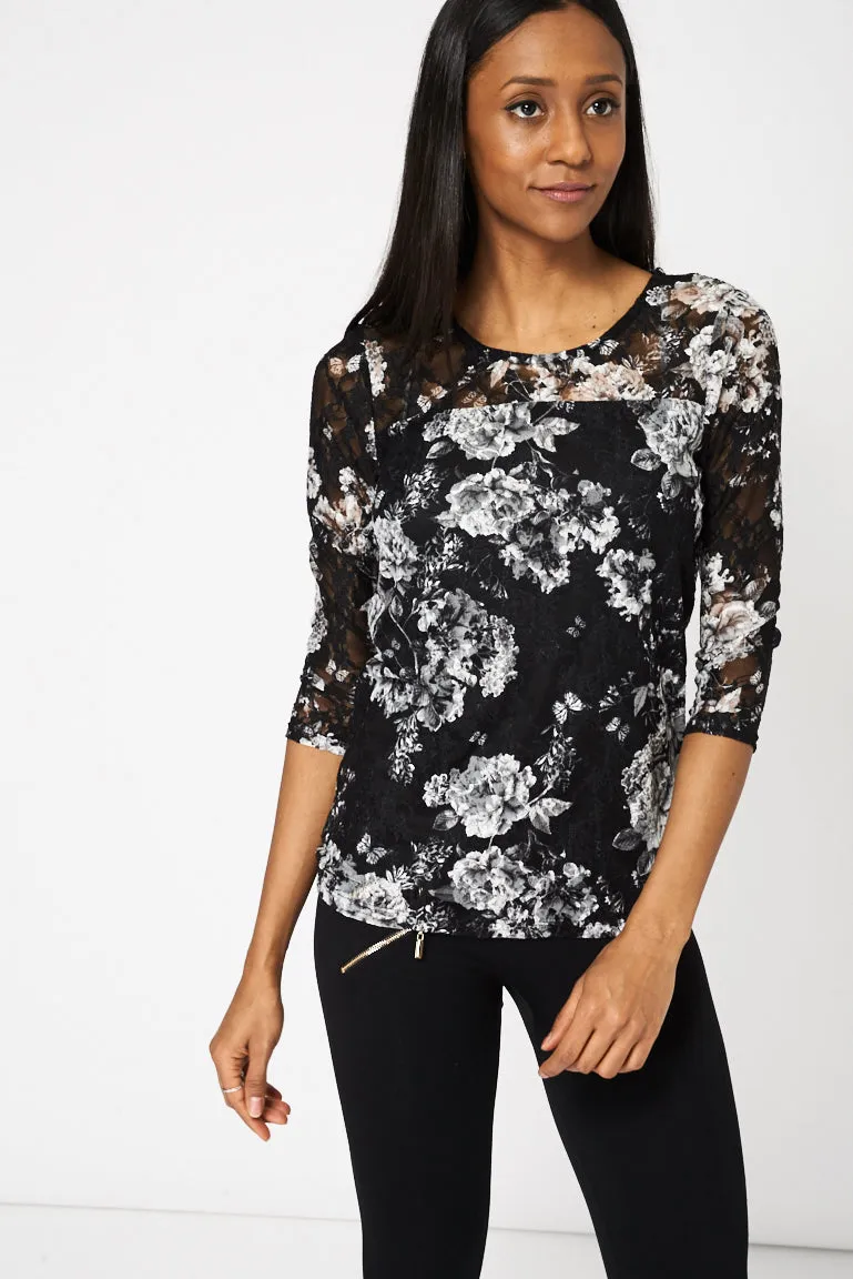 Lace Detail Top With Floral Print