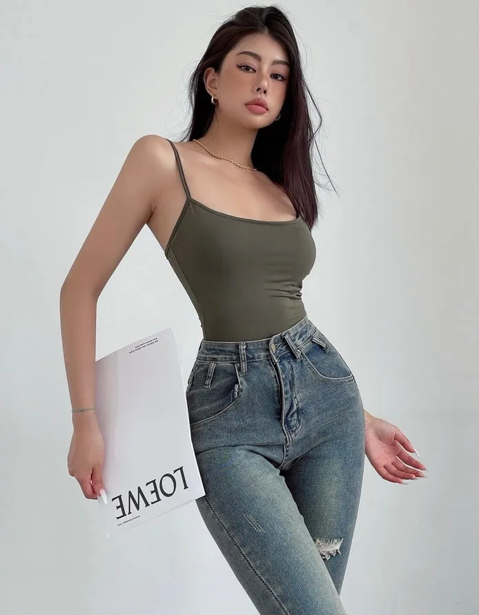 Levia Solid Color Chest Pad Spaghetti Strap Backless Straps Slim Bodysuit Top